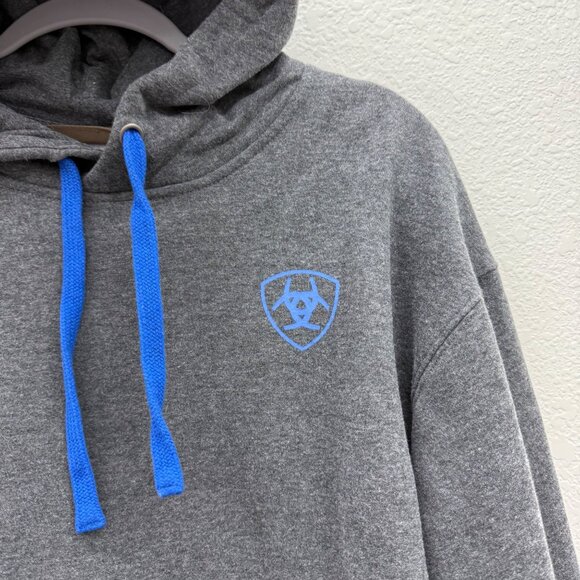Ariat Gray Blue Logo Pullover Hoodie Sweatshirt Mens SEE MEASUREMENTS - Picture 3 of 6